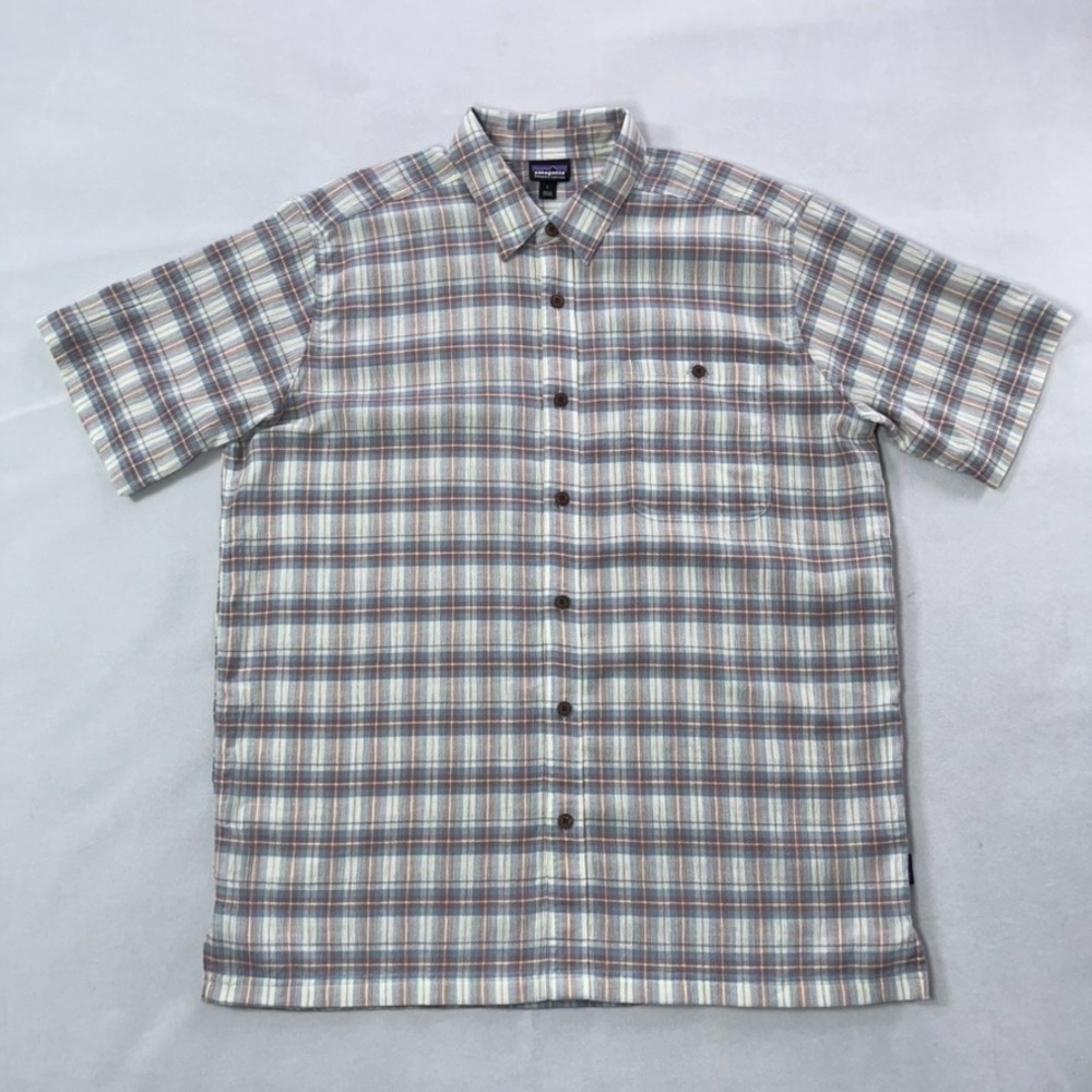 Patagonia A/C Shirt Men Large Plaid Organic Cotton Crinkle Fabric Short Sleeve